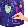 Schulrucksack COOCAZOO MATE mit austauschbarem Clip und Anhängern in lila-pinkem Design.