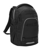 Schwarzer Schulrucksack mit reflektierenden Elementen und mehreren Fächern.