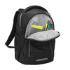Schulrucksack COOCAZOO MATE Black Coal mit geöffnetem Frontfach, gefüllt mit Heften und Stiften.