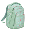 Grüner Schulrucksack mit bunten Punkten, seitliche Riemen und große Hauptöffnung.