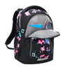Schulrucksack COOCAZOO MATE Floral Artnight in Seitenansicht, mit geöffnetem Hauptfach und Inhalt.