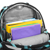 Rückenansicht des COOCAZOO Schulrucksacks MATE mit geöffnetem Hauptfach und eingelegtem Inhalt.