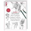 Zeichenbuch mit Drachen und Fantasy-Figuren in Schwarz-Weiß-Illustrationen und Buntstiften.
