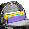 Schulrucksack MATE in Pink mit geöffnetem Hauptfach und bunten Heftern sowie einem Einteiler.