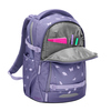 Schulrucksack MATE von COOCAZOO in lila mit offener Fronttasche und Schulmaterialien.