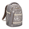 Schulrucksack MATE Vanilla Bloom mit floralem Design und mehreren Fächern in Grau und Cremefarben.