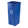Blauer, viereckiger Abfallbehälter mit Recycling-Symbol und 87 l Volumen.