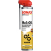 Sprühdose mit SONAX Universalöl MoS2OIL, gekennzeichnet durch roten Sprühkopf und gelbes Etikett.