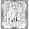 Ausgemalte schwarz-weiße Illustration mit drei Figuren in einem dekorativen Rahmen.