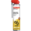 Silikonspray in Dose mit rotem Sprühkopf und Grafiken auf weißem Hintergrund.