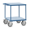 Blauer fetra Transportwagen mit zwei Lenk- und zwei Bockrollen, Maße 70,9 x 90 x 83,7 cm.