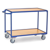 Leichter Stahlrohr-Tischwagen mit zwei Böden, horizontalem Schiebegriff und Rollen.