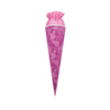 Lila Schultüte mit Sternenmotiven und einem rosa Zugband oben.