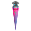 Schultüte in pink mit Kolibri-Motiv und grauem Deckel, ideal für den ersten Schultag.