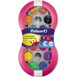 Farbkasten mit 12 Farben in Magenta, Ovalform mit Platz für Mischpalette.