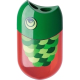 Doppelspitzdose in Fischform mit zwei Öffnungen für dicke und dünne Stifte, in bunten Farben.