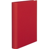 Rotes Ringbuch mit rundem Rücken und Rippen-Prägung, von der Vorderansicht gezeigt.