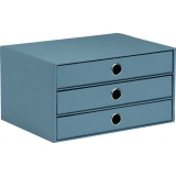 Dreischubladenbox in Denimfarbe mit strukturierter Oberfläche und runden Griffen.