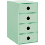 Mintfarbene Schubladenbox mit vier Schubladen und runden Griffen.