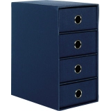 Navy Schubladenbox mit vier Schubladen und goldfarbenen Griffen, seitliche Ansicht.