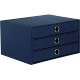 Dunkelblaue Schubladenbox mit drei Schubladen und runden Griffen.