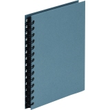 Quadratisches Fotoalbum in denim-Farbe mit Spiralbindung und schwarzem Rücken.