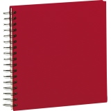 Quadratisches rotes Fotoalbum mit Spiralbindung und offenem Rücken.