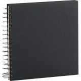 Schwarzes, quadratisches Fotoalbum mit Spiralbindung und offenem Rücken.