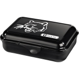 Schwarze Lunchbox mit einem weißen Wildkatzenmotiv auf dem Deckel und einem Verschluss.