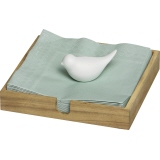 Serviettenhalter aus Holz mit einem weißen Vogel und grünen Servietten als Anwendungsbeispiel.