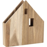 Holzserviettenhalter in Form eines Hauses mit Fensteröffnungen, seitliche Ansicht.