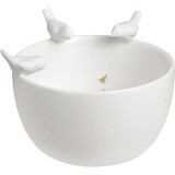 Weiße Schale mit drei kleinen Vogel-Figuren am Rand und goldenem Motiv innen.