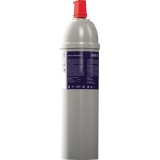 Filterkartusche für Trinkwasser mit rotem Deckel, in vertikaler Ansicht.