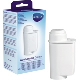 Weißer BRITA Filterkartusche AquaAroma Crema mit Verpackung auf der linken Seite.