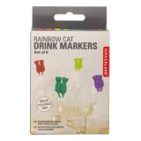 Farbenfrohe Katzen-Glasmarkierer in einer Verpackung, geeignet für die Kennzeichnung von Getränken.