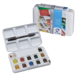 Aquarell-Set mit 12 Farben in einer weißen Box und einem beiliegenden Pinsel.