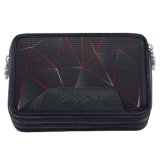 Schwarzes Federmäppchen mit geometrischem Muster und Rundbogenreißverschluss.