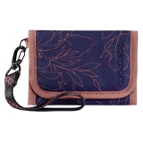 Geldbörse in Blau mit rosa Blumenmuster und Schlüsselband.