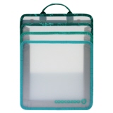 Transparente Heftbox mit mehreren Fächern und Tragegriff in mintgrüner Farbe.
