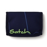 Blaue Geldbörse mit grünem Schriftzug und organisiertem Faltmechanismus.