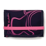 Pinkfarbene Geldbörse mit Muster, verschlossen mit elastischem Band und seitlichem Reißverschluss.