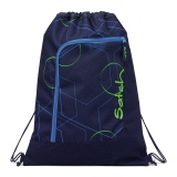 Blauer Sportbeutel mit Kordelzug und Reißverschlussfach in geometrischem Design.