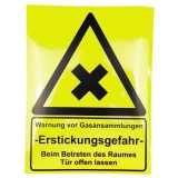 Gelbes Warnschild mit schwarzem Symbol und Text zur Erstickungsgefahr bei Gasansammlungen.
