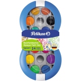 Farbkasten mit 24 Farben in blauem Gehäuse und integrierter Mischpalette im Deckel.