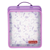 Faltbare Heftbox in Pink und Transparent mit buntem Muster und Tragegriff.