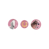Drei runde Motivpatches in Rosa mit Pferdemotiven und einem Hufeisen.