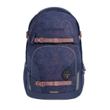 Schulrucksack in Blau mit floralen Mustern und mehreren Fächern sowie verstellbaren Riemen.
