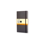 Schwarzes Moleskine Notizbuch mit softcover, liniert, und orangefarbener Papierbanderole.