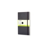 Schwarzes Moleskine Notizbuch Softcover mit einfacher Papier-Banderole im Vordergrund.