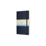 Dunkelblaues Moleskine Notizbuch mit Softcover und punktkariertem Innenteil, seitliche Ansicht.